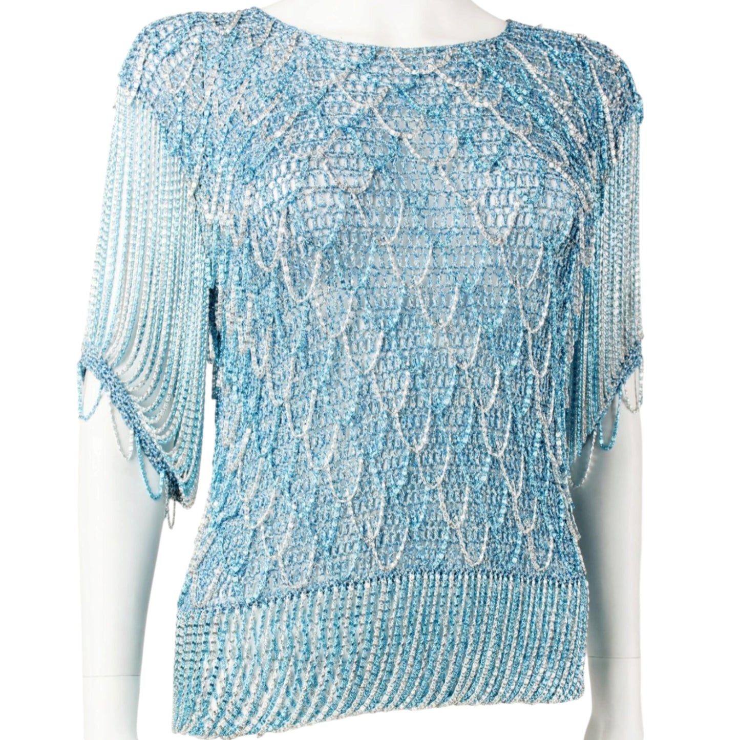 Rare 1970s Loris Azzaro Couture Blue & Silver Lurex Chain Knit Top