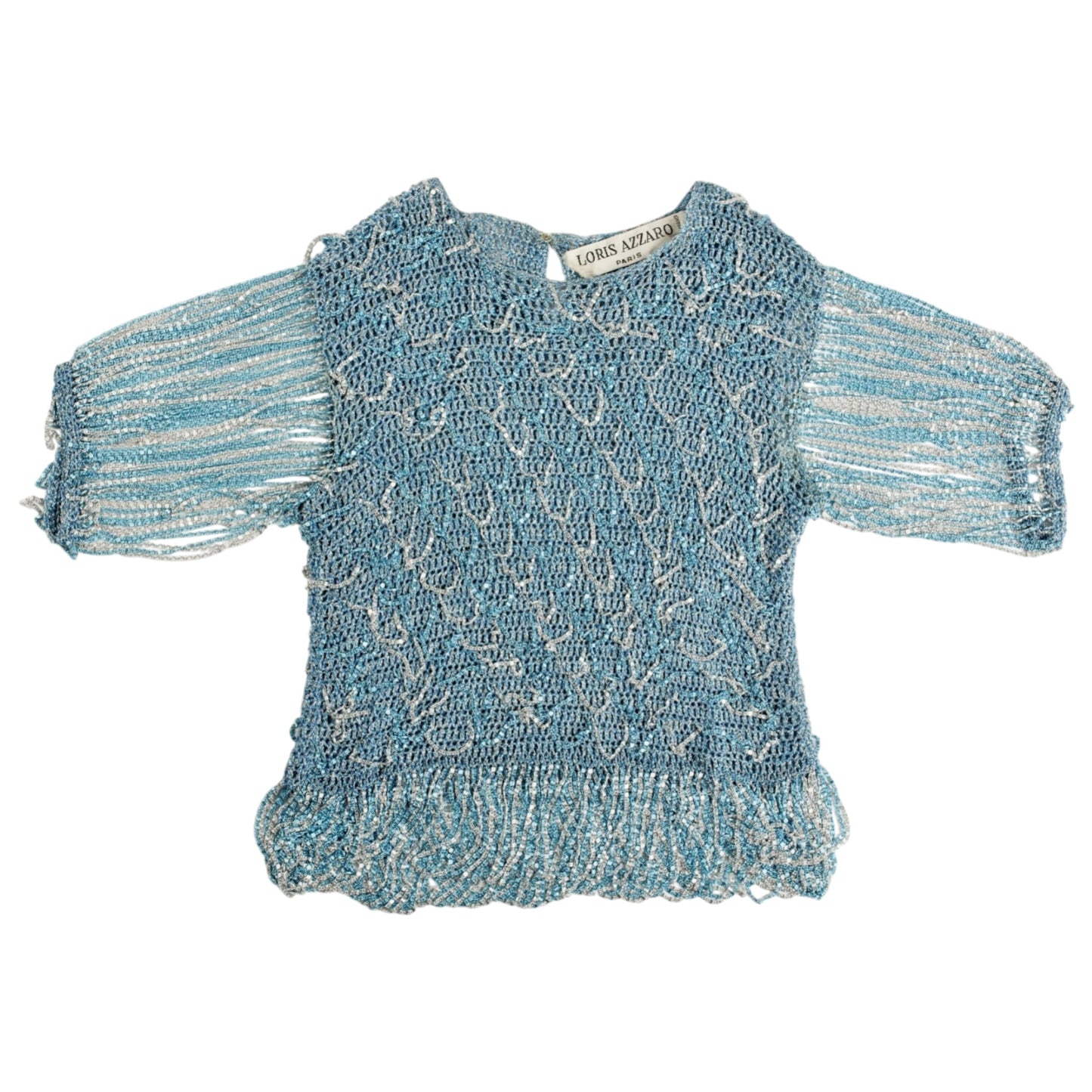 Rare 1970s Loris Azzaro Couture Blue & Silver Lurex Chain Knit Top