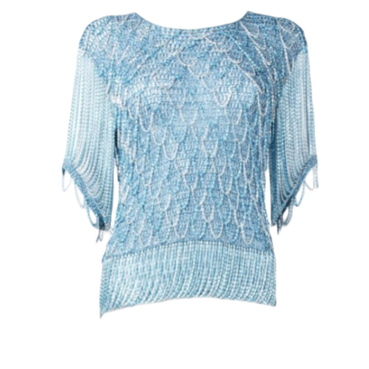 Rare 1970s Loris Azzaro Couture Blue & Silver Lurex Chain Knit Top