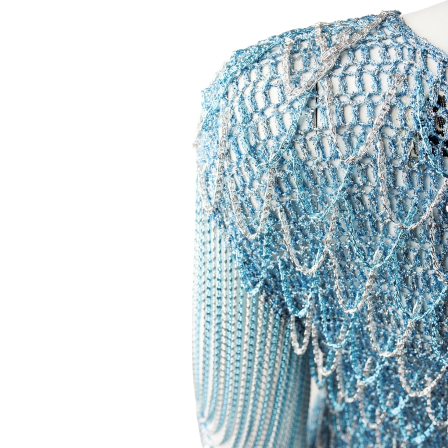 Rare 1970s Loris Azzaro Couture Blue & Silver Lurex Chain Knit Top