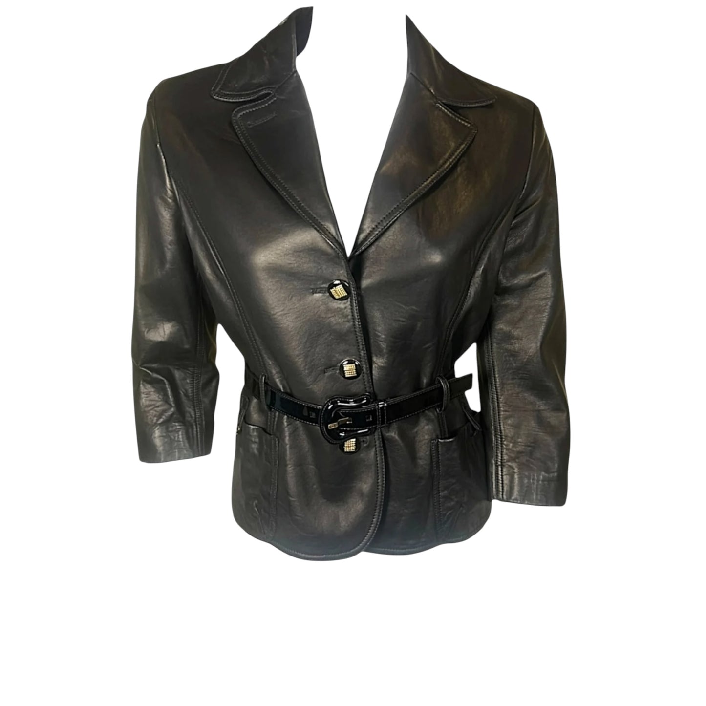 Vintage Fendi Black Leather Belted Tailored Coat Jacket w/ Patent Belt & Logo Buttons, Made in Italy (c. Late 1990s)