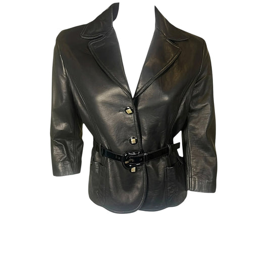 Vintage Fendi Black Leather Belted Tailored Coat Jacket w/ Patent Belt & Logo Buttons, Made in Italy (c. Late 1990s)
