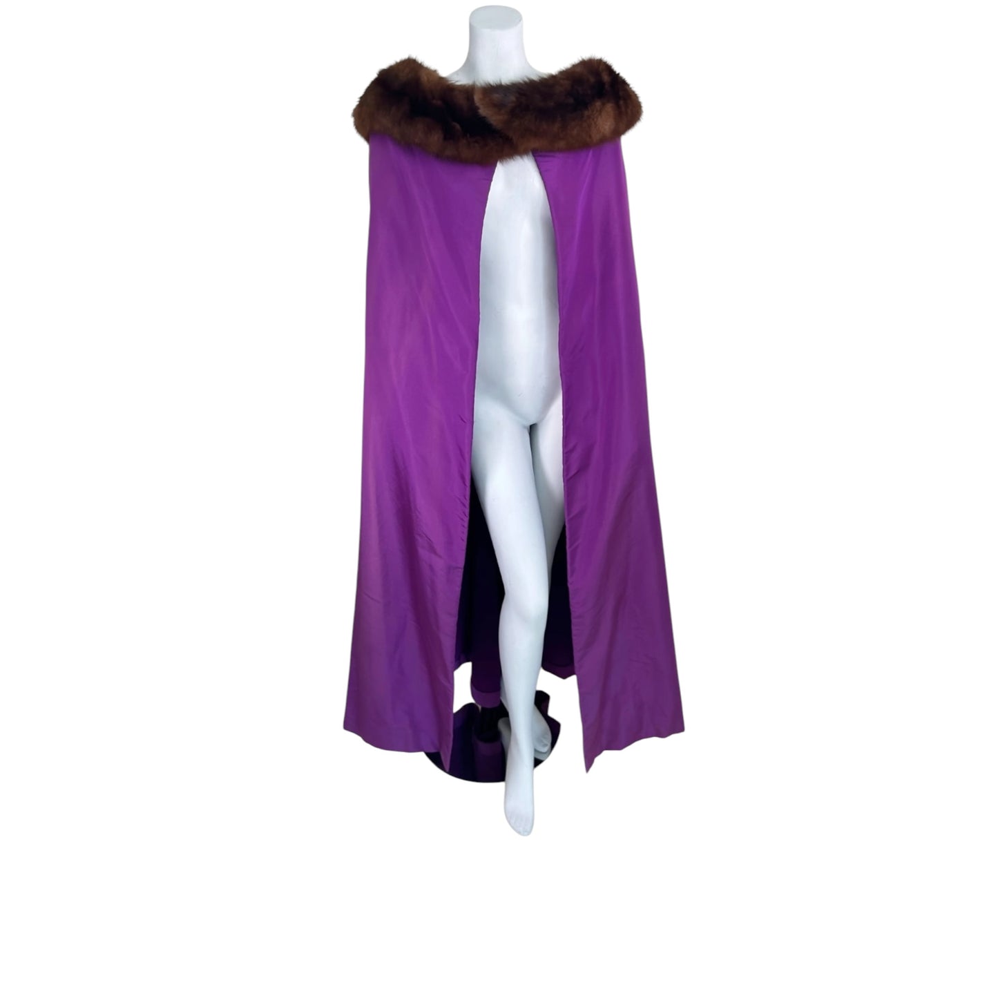 1960s Pauline Trigère Purple Silk Taffeta Evening Cape with Mink Collar