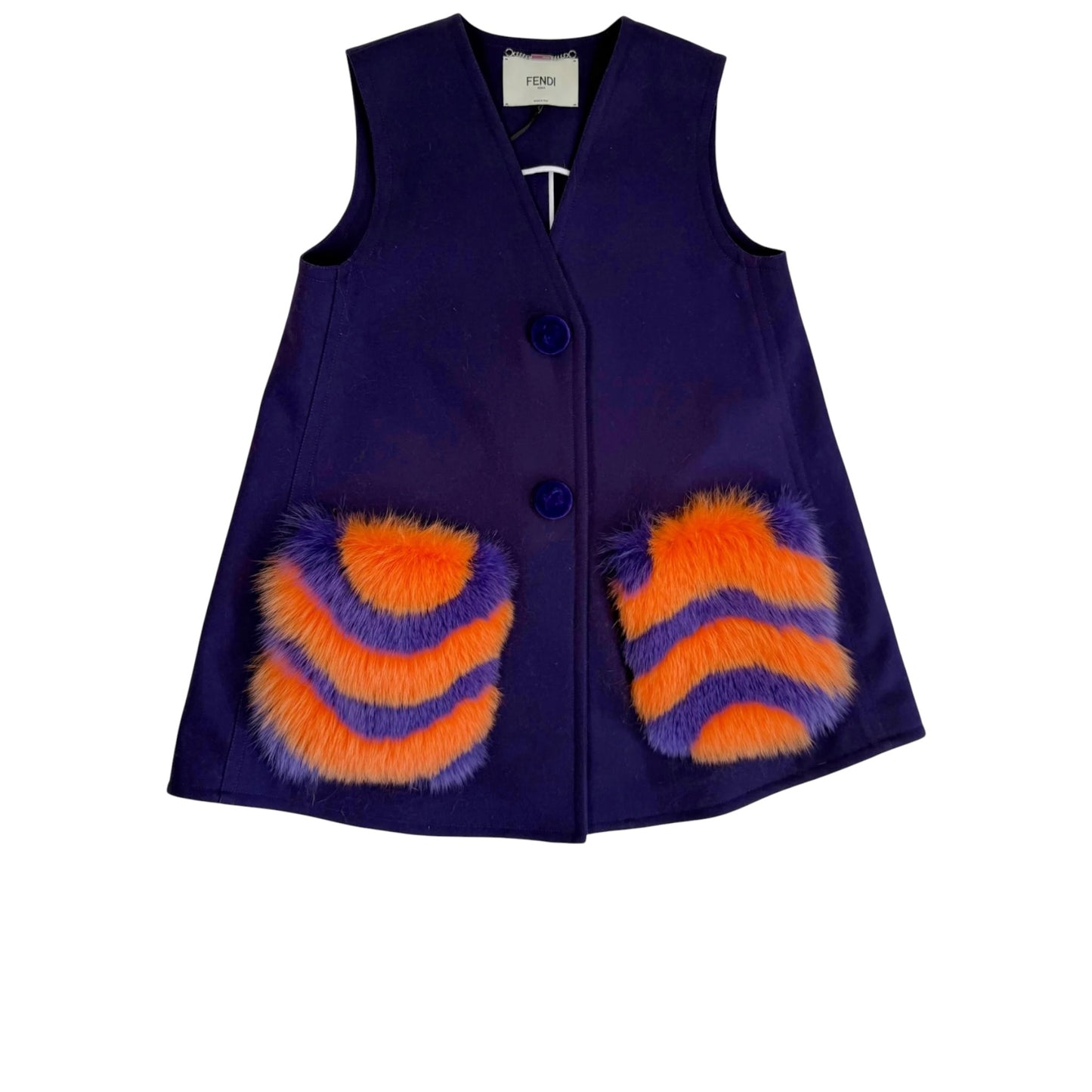 Fendi Fall/Winter 2016 Purple Wool Vest with Dyed Shadow Fox Fur Pockets – NWT