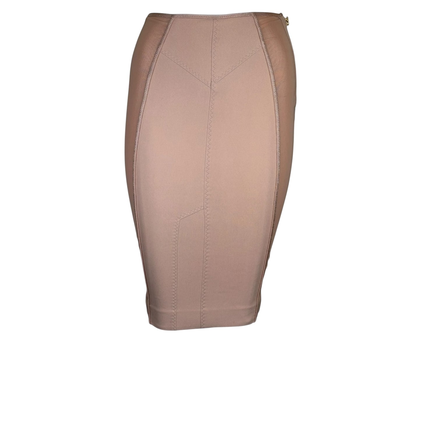 Tom Ford Beige Mesh Panel Pencil Skirt with Gold Logo Side Zipper Size 34