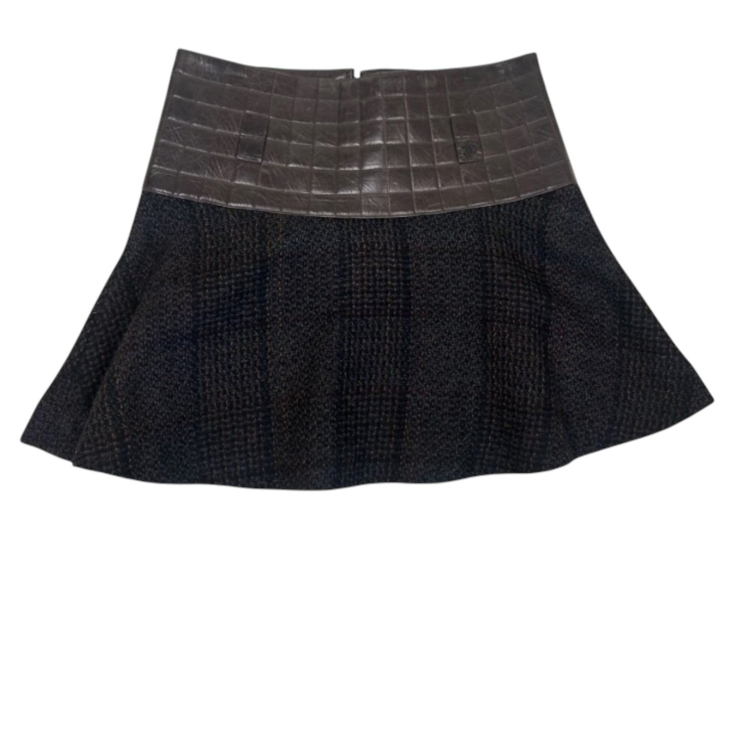 Vintage Chanel 2002A Brown Calfskin Quilted Waist Wool Tweed Flare Mini Skirt, FR 38