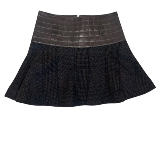 Vintage Chanel 2002A Brown Calfskin Quilted Waist Wool Tweed Flare Mini Skirt, FR 38