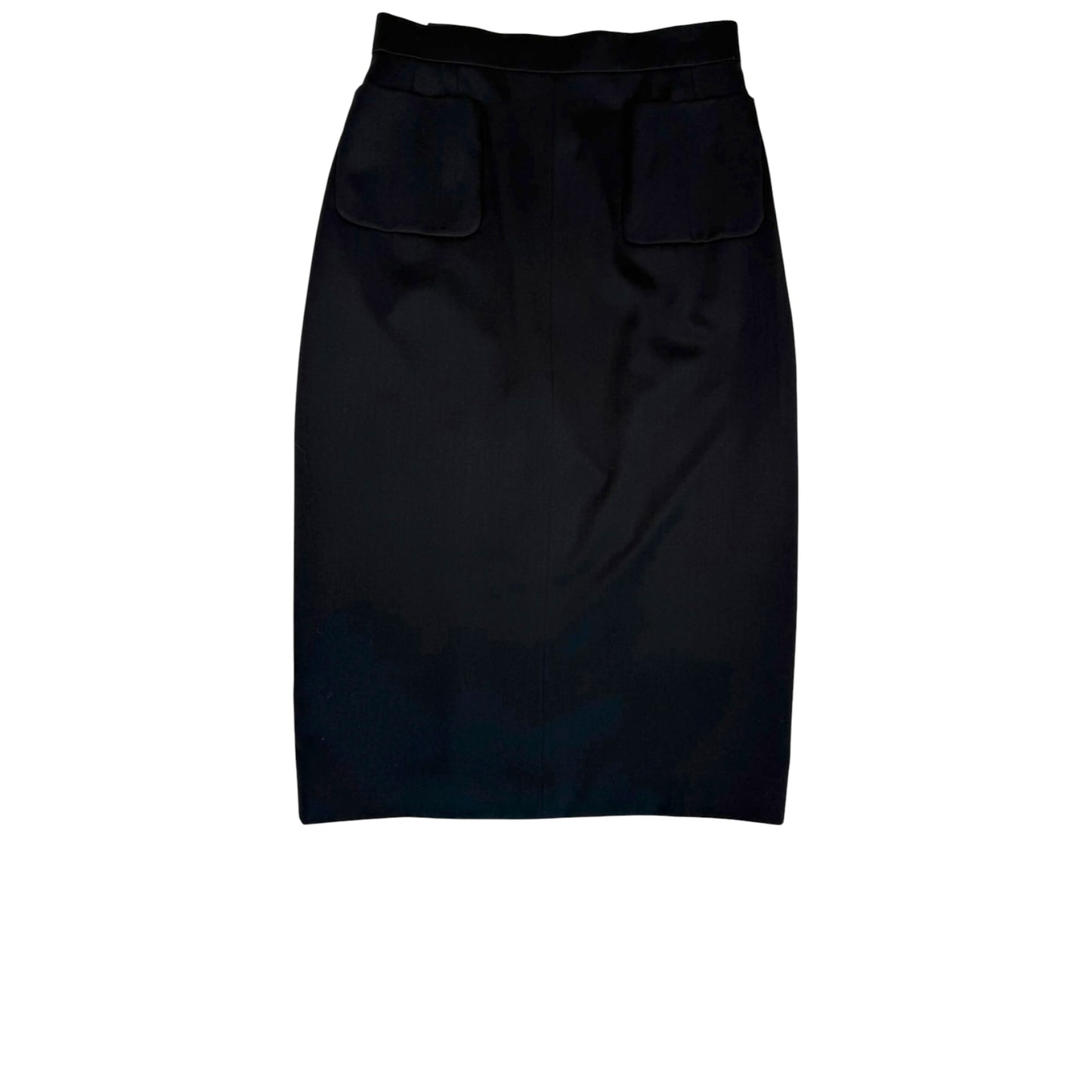 Chanel Vintage 1980s Black Cotton Sateen Midi Skirt with Gold CC Buttons