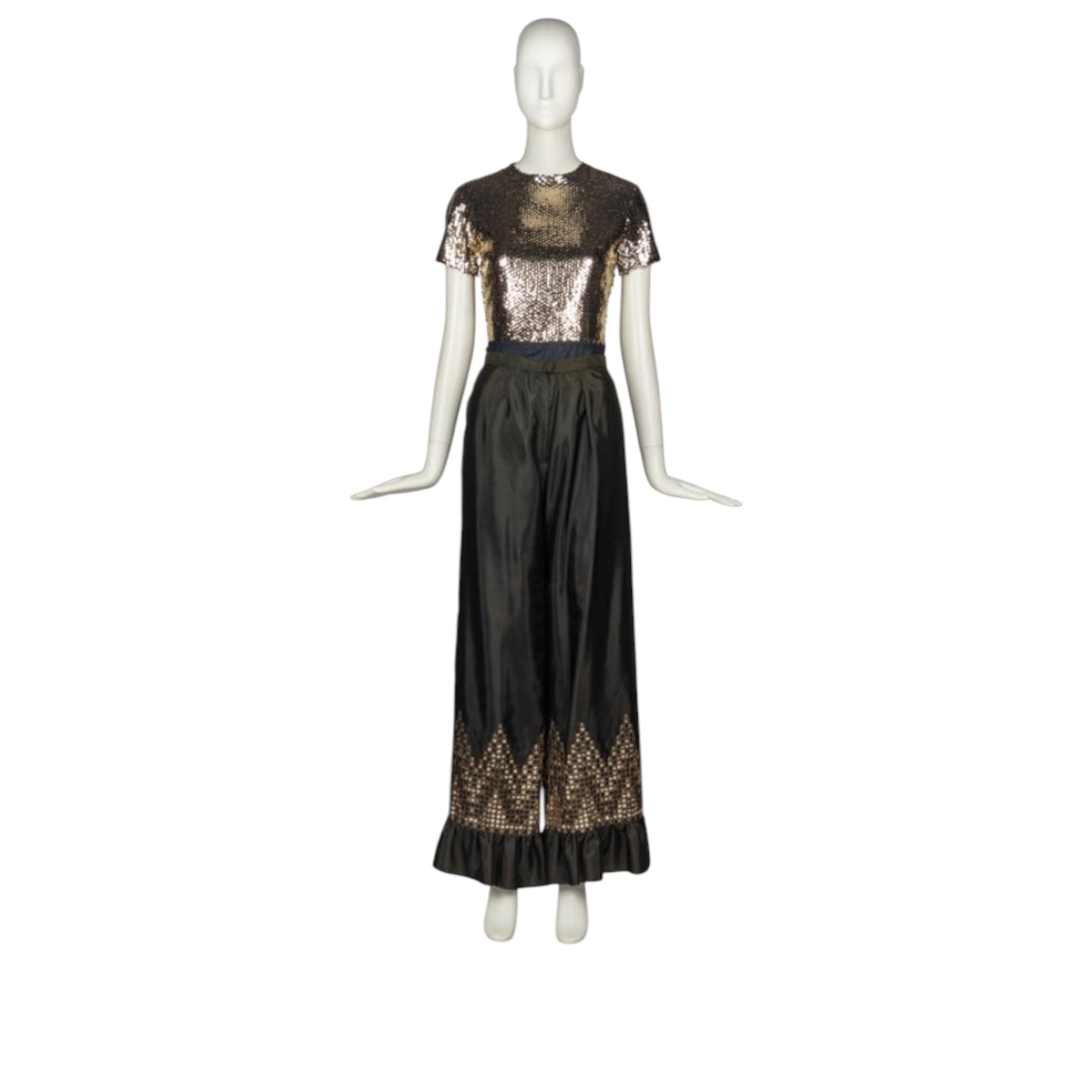 Vintage Christian Dior Boutique 1970s Black Silk & Gold Sequin Evening Ensemble