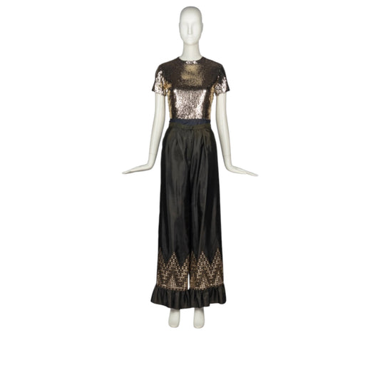 Vintage Christian Dior Boutique 1970s Black Silk & Gold Sequin Evening Ensemble