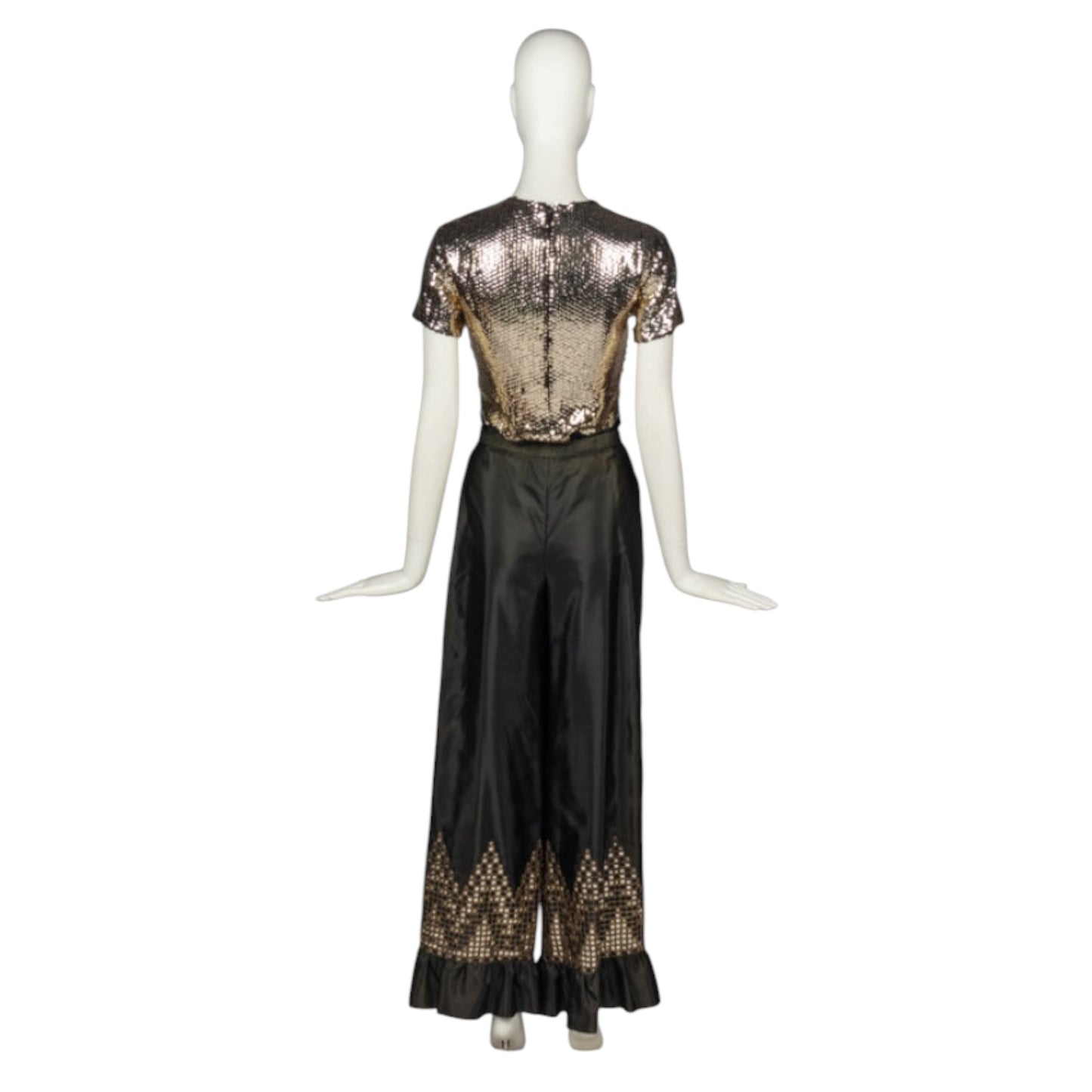Vintage Christian Dior Boutique 1970s Black Silk & Gold Sequin Evening Ensemble