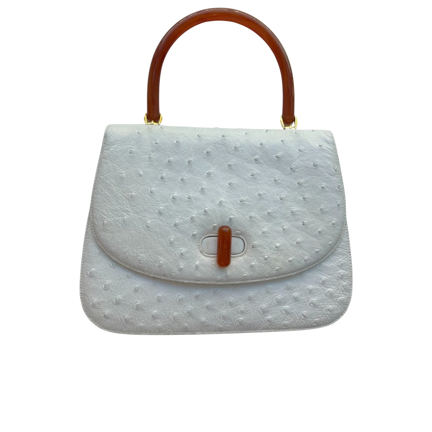 Vintage Gucci White Ostrich Leather Top Handle Bag with Lucite Accents