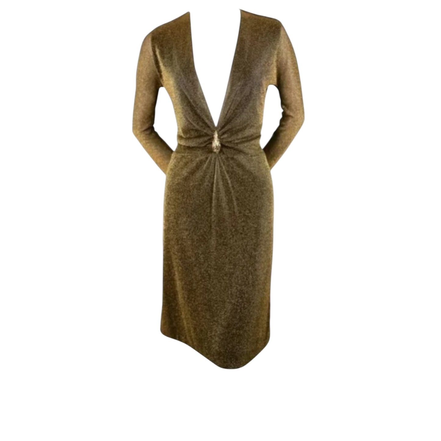 Gucci by Tom Ford F/W 2000 Runway Gold Lurex Plunging Dress w/ Signature Dionysus Tiger Brooch Size 38