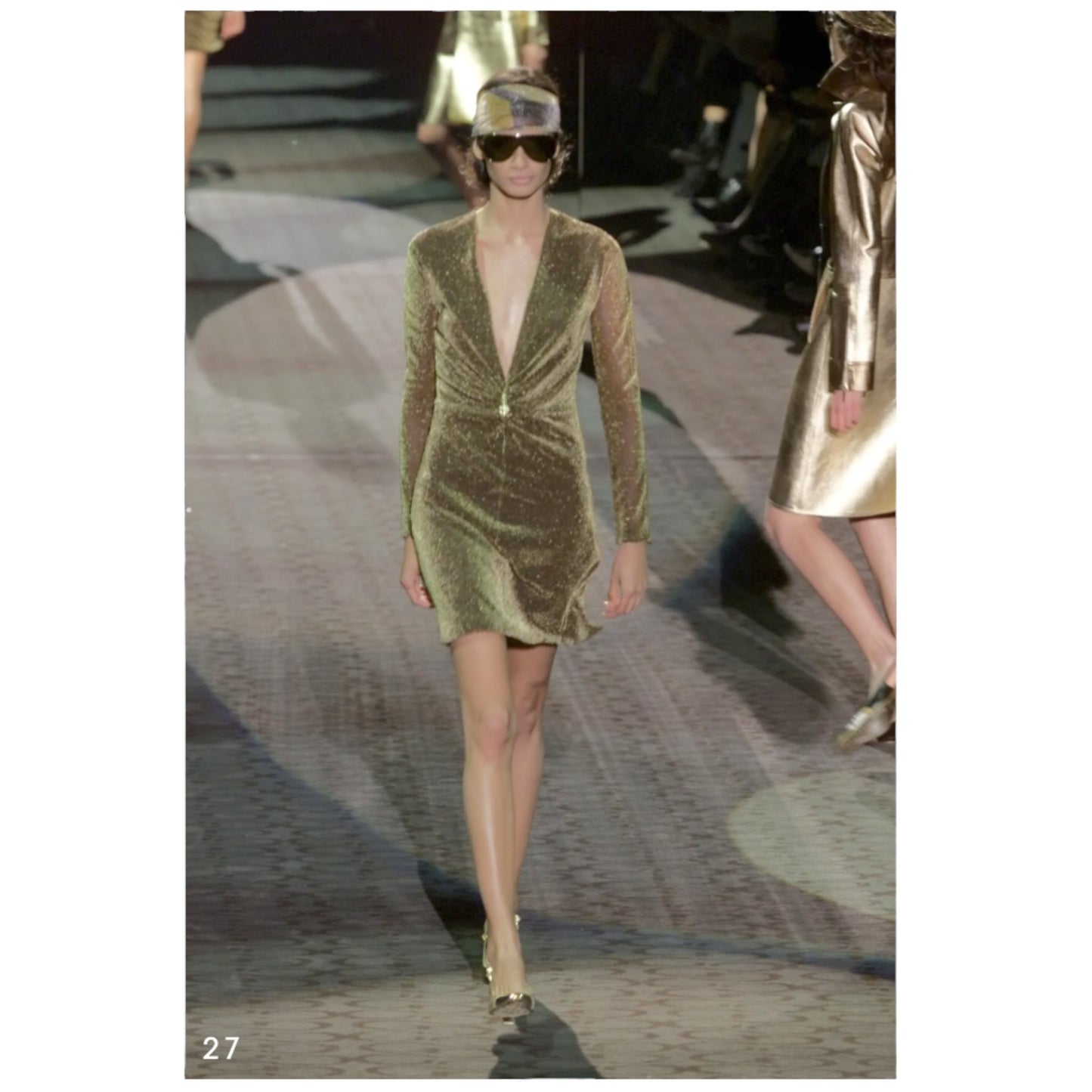 Gucci by Tom Ford F/W 2000 Runway Gold Lurex Plunging Dress w/ Signature Dionysus Tiger Brooch Size 38