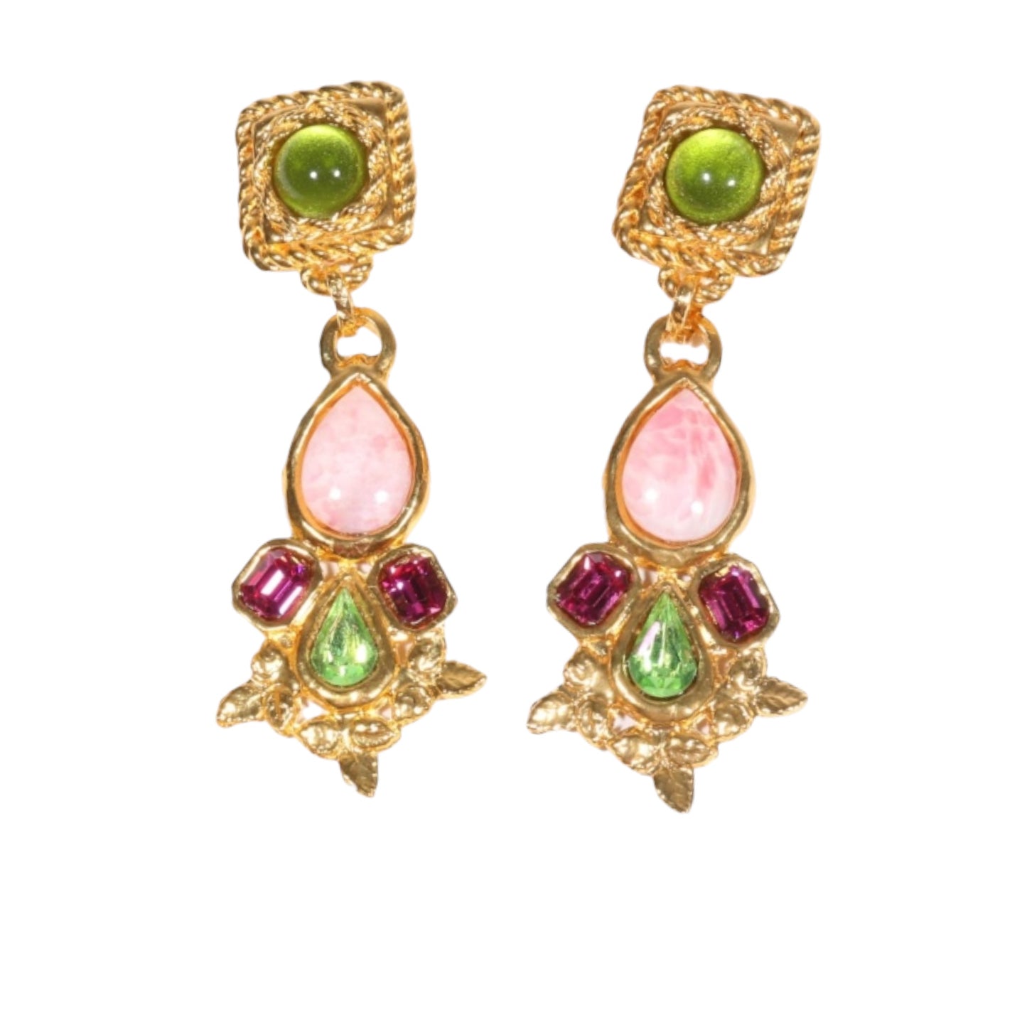 Vintage Hanna Bernhard Paris Art Glass & Crystal Drop Clip-On Earrings Pink Green Gold-Tone