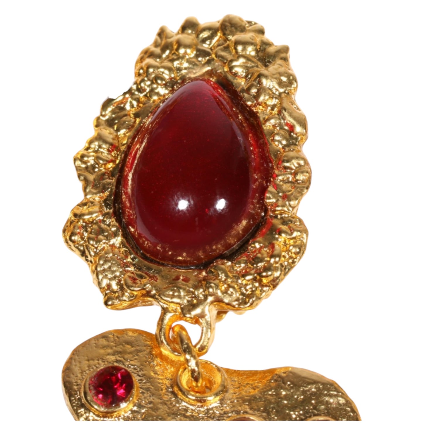 Vintage Hanna Bernhard Paris Red Art Glass & Ruby Crystal Floral Drop Clip-On Earrings