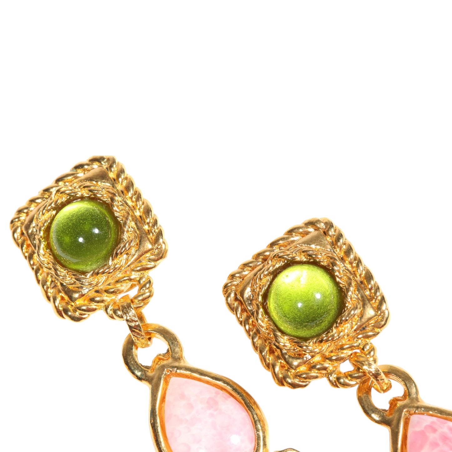 Vintage Hanna Bernhard Paris Art Glass & Crystal Drop Clip-On Earrings Pink Green Gold-Tone