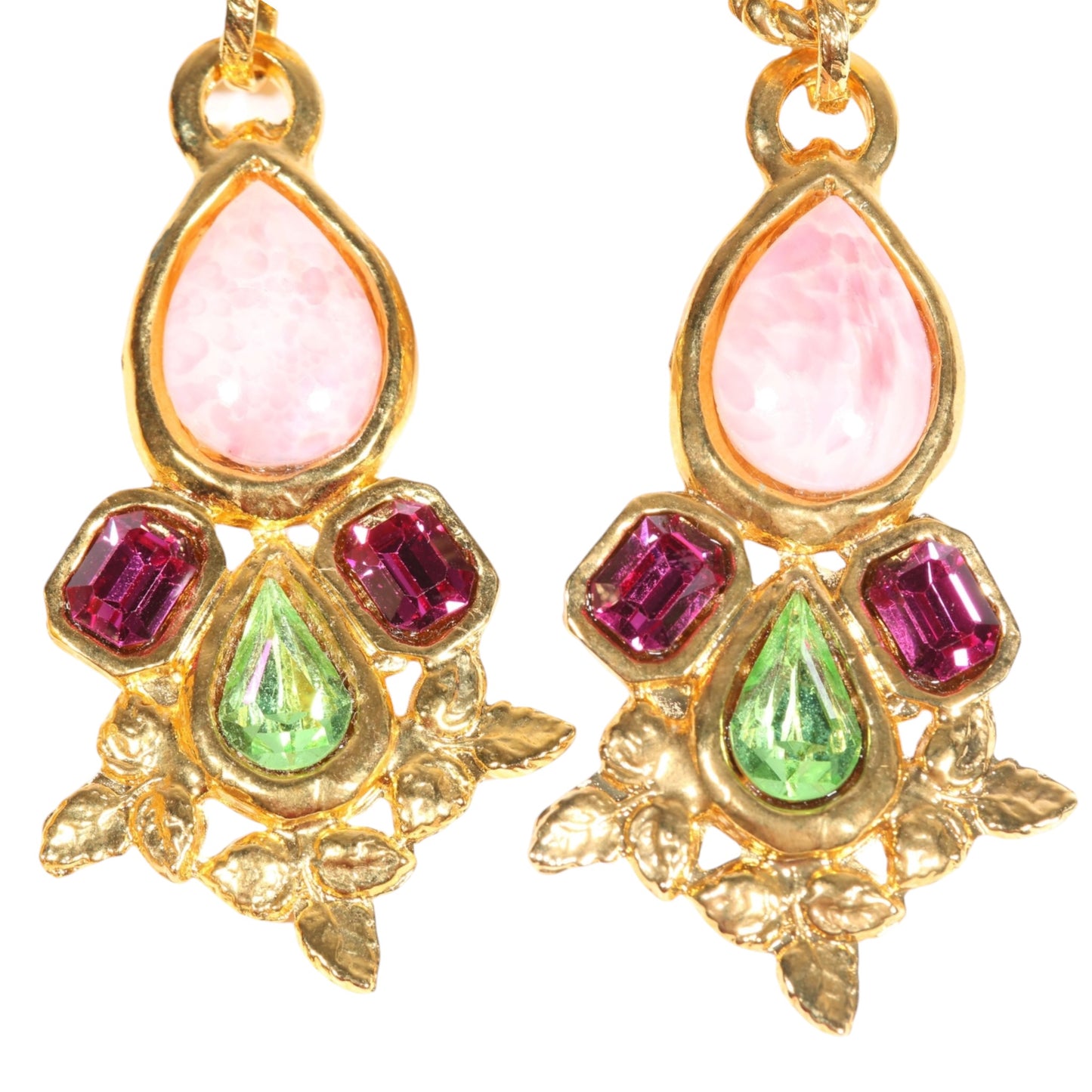 Vintage Hanna Bernhard Paris Art Glass & Crystal Drop Clip-On Earrings Pink Green Gold-Tone