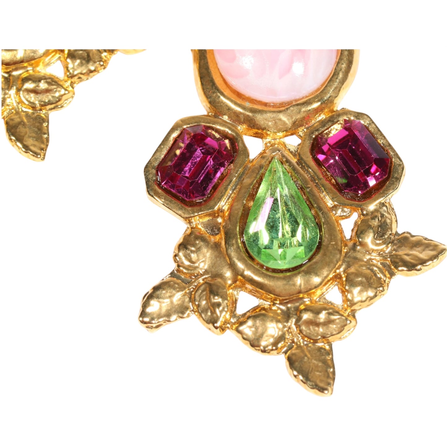 Vintage Hanna Bernhard Paris Art Glass & Crystal Drop Clip-On Earrings Pink Green Gold-Tone