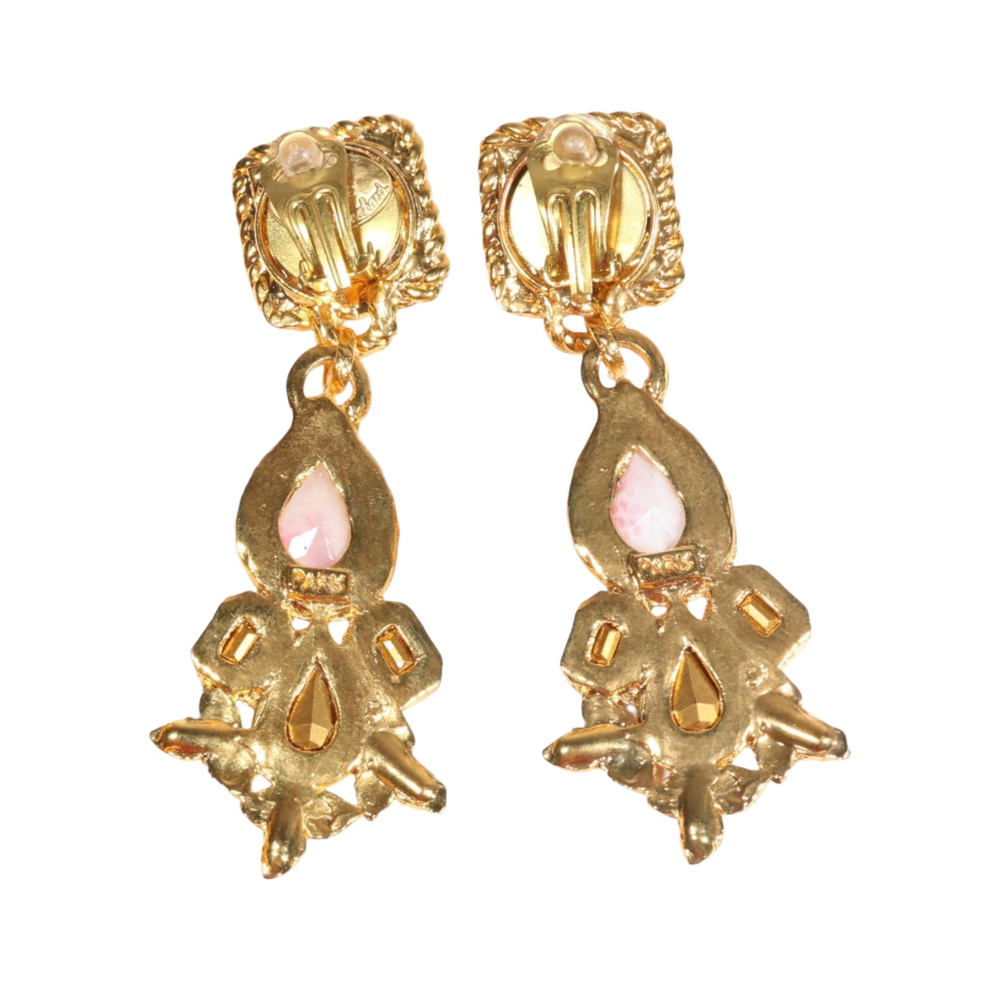 Vintage Hanna Bernhard Paris Art Glass & Crystal Drop Clip-On Earrings Pink Green Gold-Tone