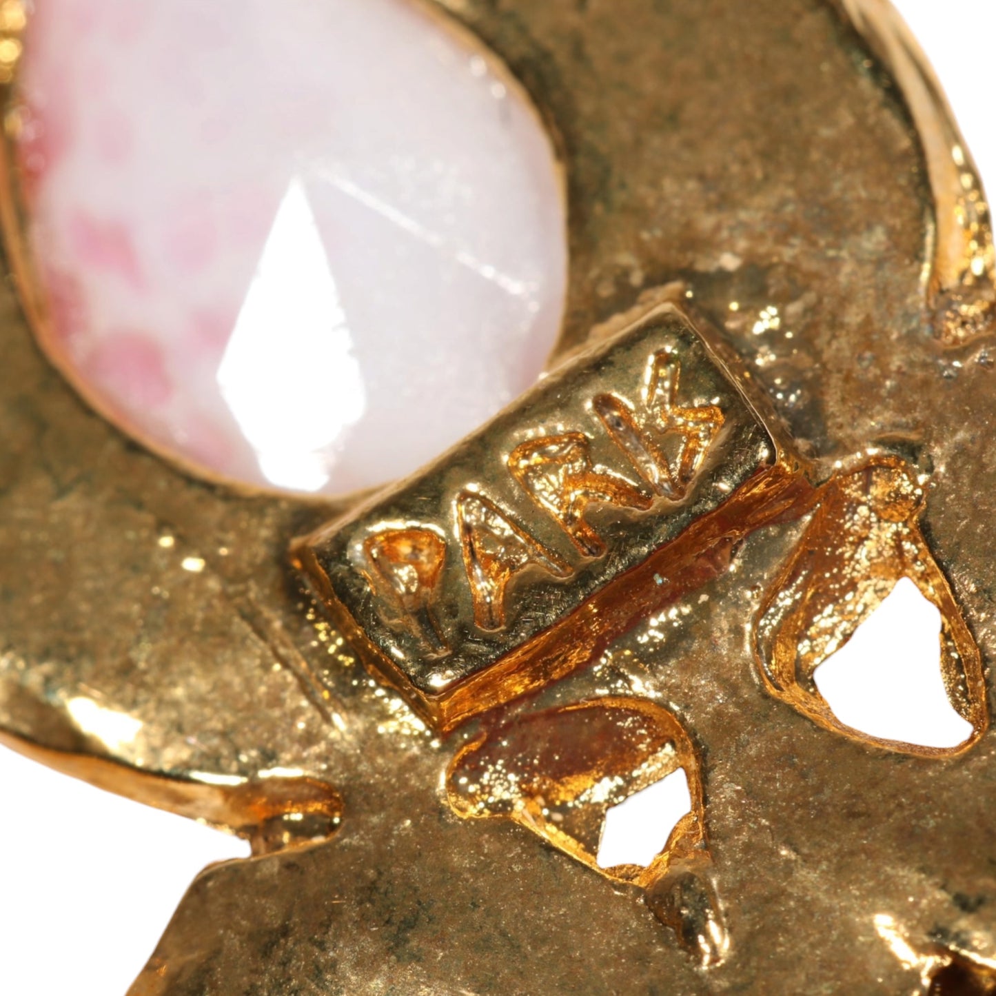 Vintage Hanna Bernhard Paris Art Glass & Crystal Drop Clip-On Earrings Pink Green Gold-Tone