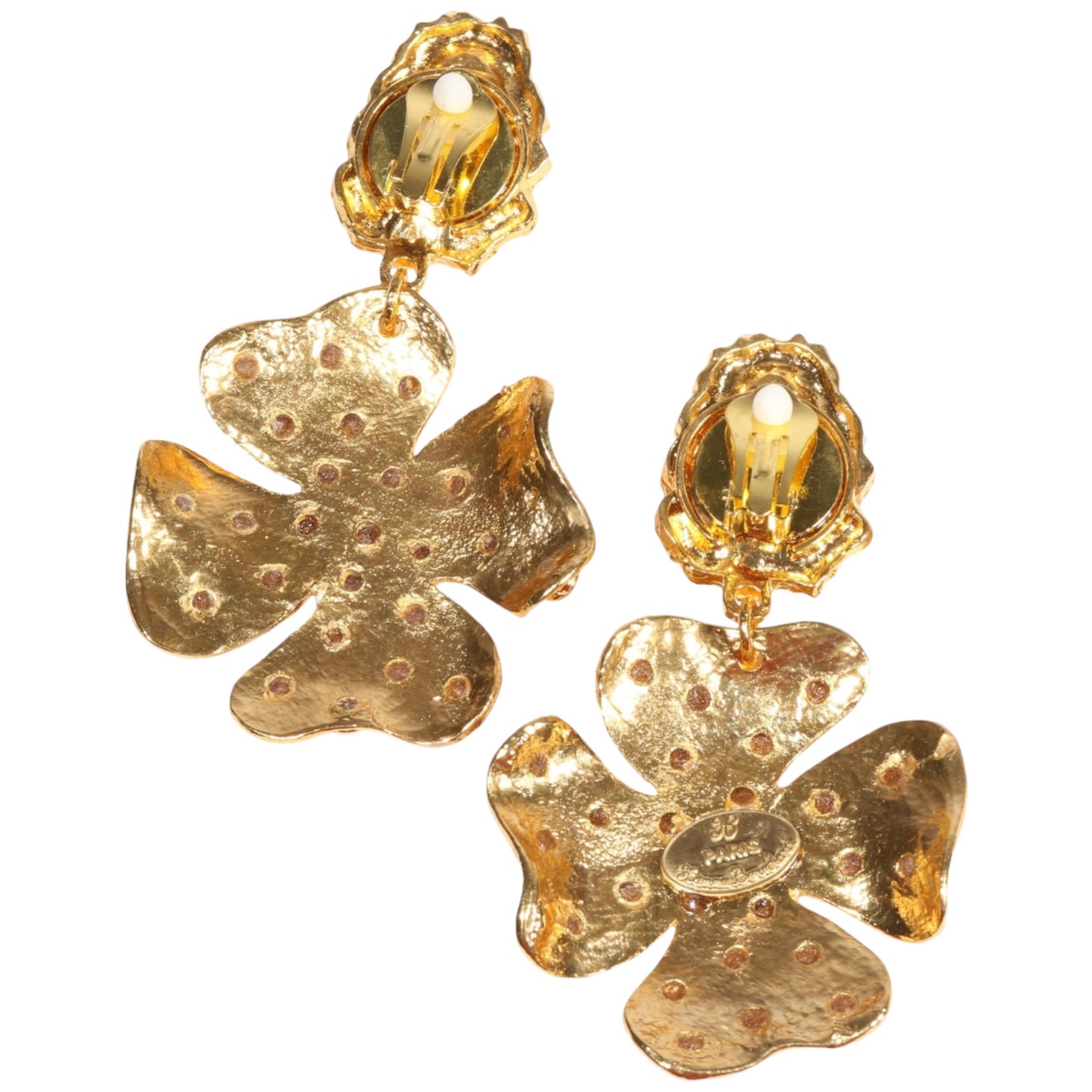 Vintage Hanna Bernhard Paris Red Art Glass & Ruby Crystal Floral Drop Clip-On Earrings