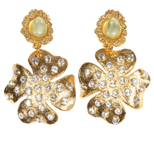 Vintage Hannah Bernhard Paris Art Glass & Crystal Rhinestone Gold-Tone Drop Earrings