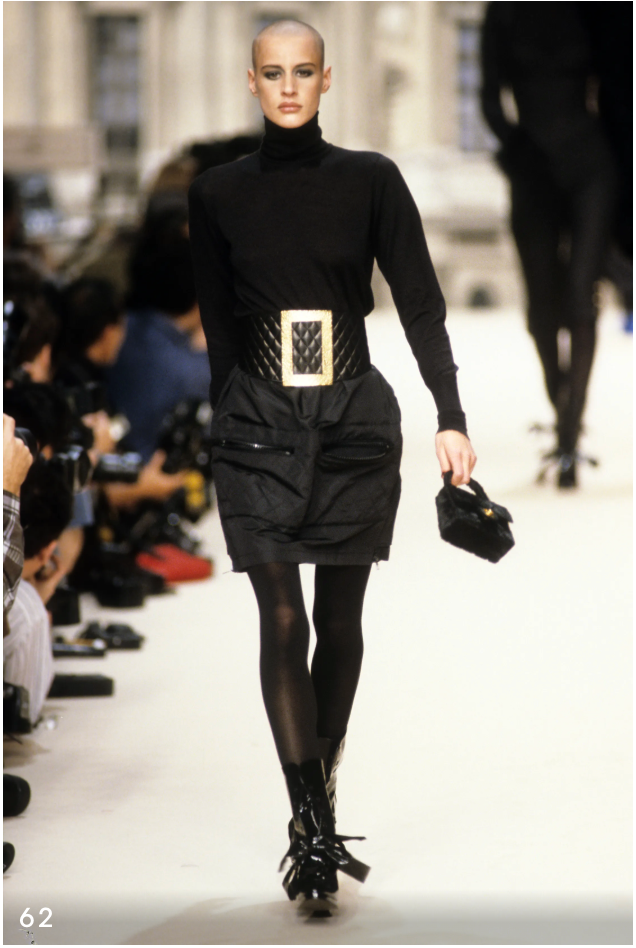 Chanel F/W 1994 Runway Black Silk Quilted Utility Skirt with CC Logo Tabs Sz 38