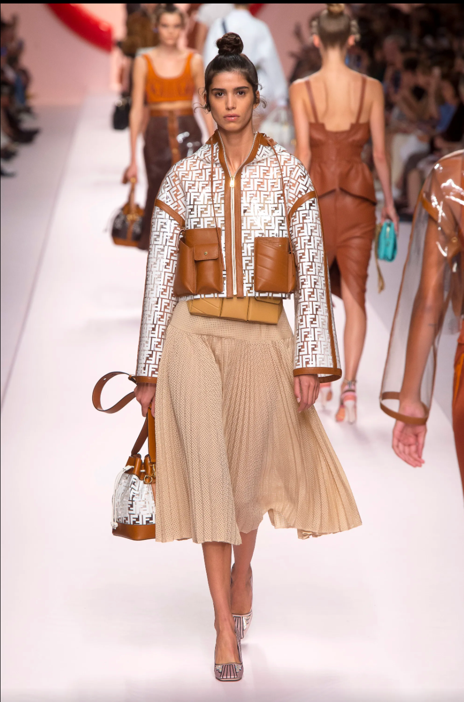 Fendi Spring 2019 Runway Beige Mohair & Wool Pleated Embellished Midi Dress, IT 42