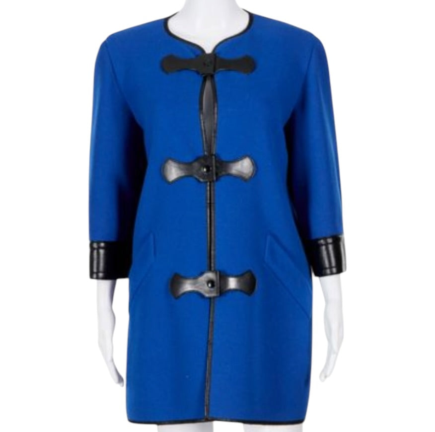 Vintage 1960s Pierre Cardin Paris Cobalt Blue Wool Felt Mod Coat with Black Vinyl Trim | Made in France