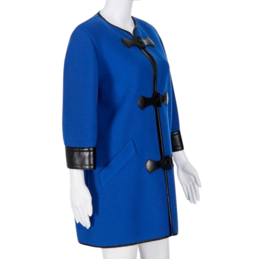 Vintage 1960s Pierre Cardin Paris Cobalt Blue Wool Felt Mod Coat with Black Vinyl Trim | Made in France