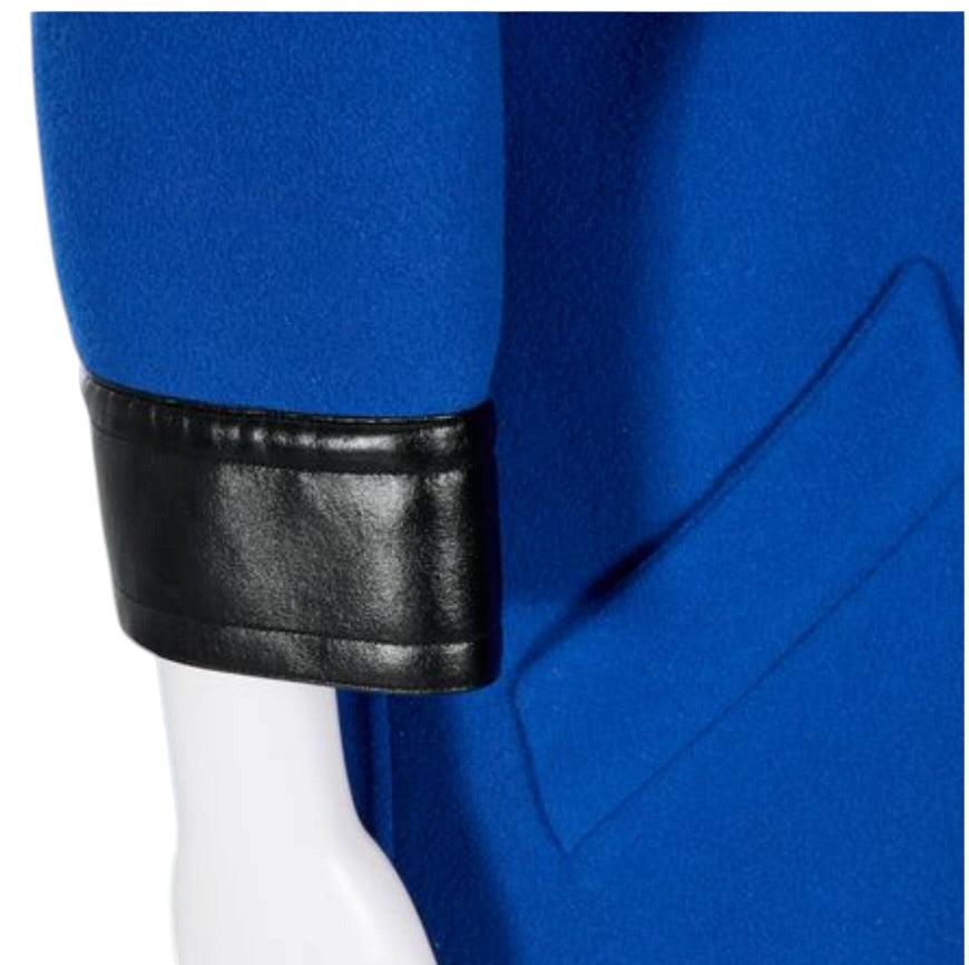 Vintage 1960s Pierre Cardin Paris Cobalt Blue Wool Felt Mod Coat with Black Vinyl Trim | Made in France