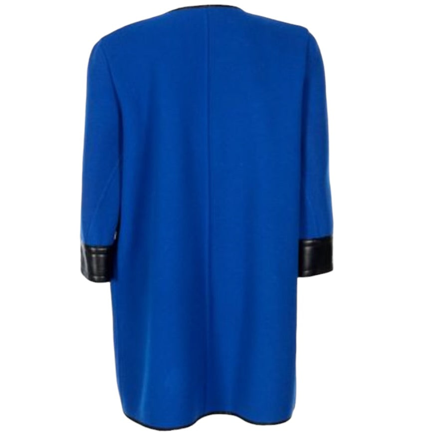 Vintage 1960s Pierre Cardin Paris Cobalt Blue Wool Felt Mod Coat with Black Vinyl Trim | Made in France