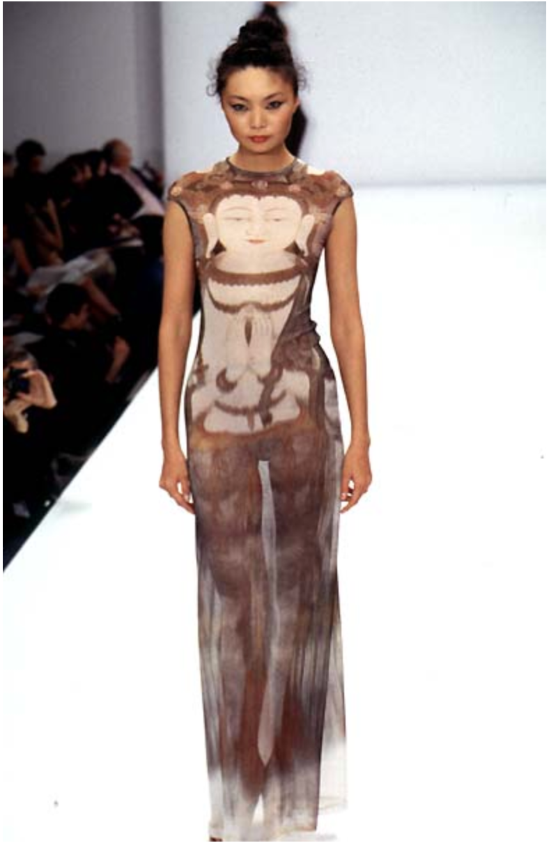 Vivienne Tam Spring 1997 Runway Buddha Print Sheer Mesh Maxi Dress | Size 2