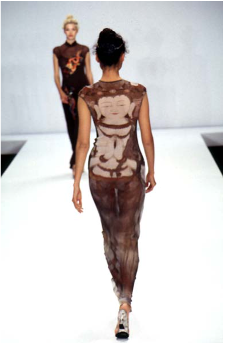 Vivienne Tam Spring 1997 Runway Buddha Print Sheer Mesh Maxi Dress | Size 2