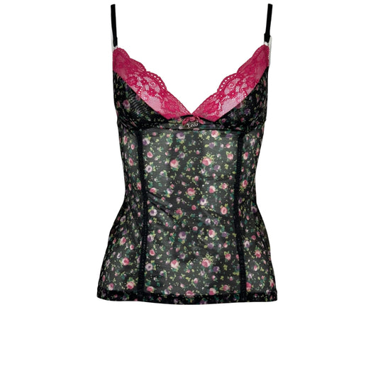 Vintage D&G Floral Mesh Bustier Cami Top with Fuchsia Lace Trim | Size XS-S