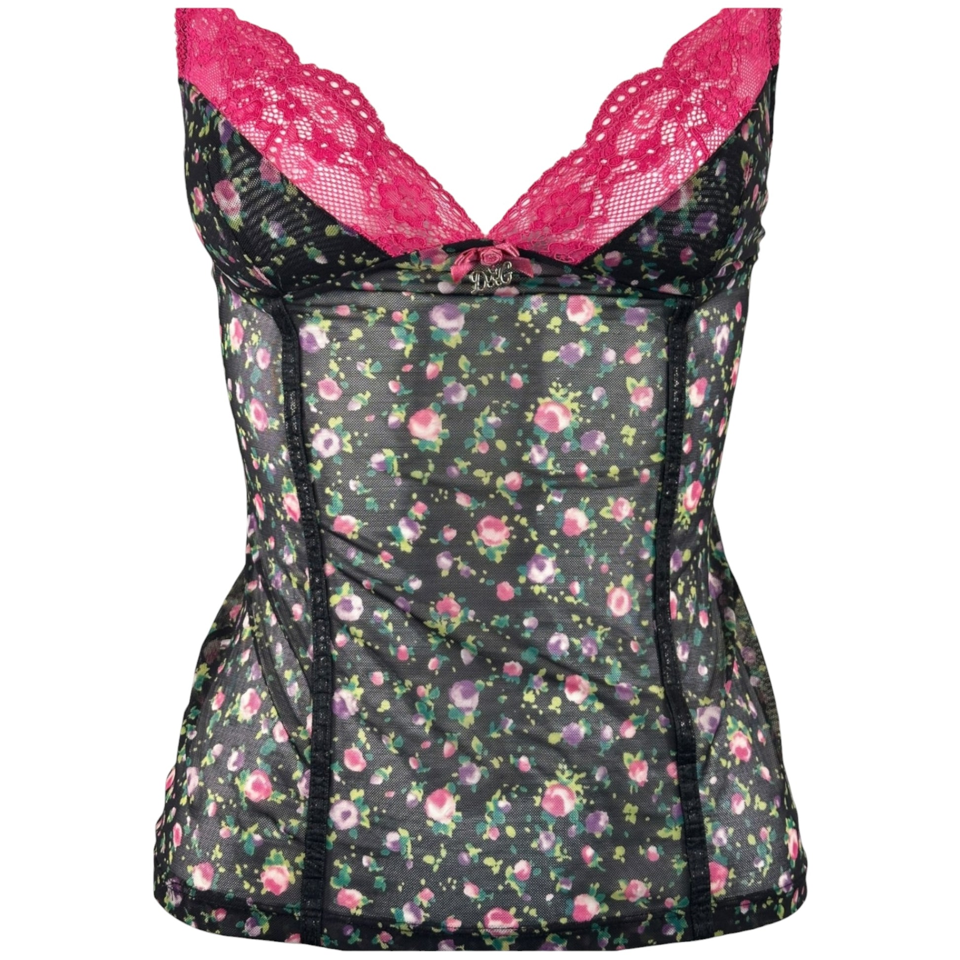 Vintage D&G floral mesh bustier cami top, lace trim detail close-up