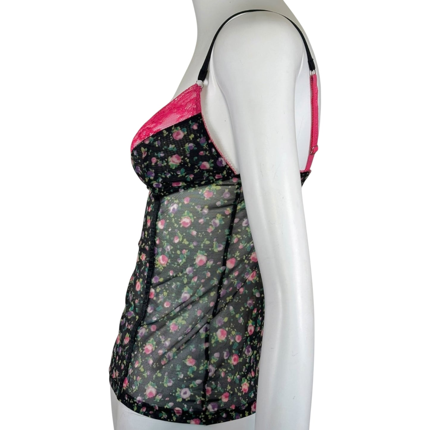 Vintage D&G floral mesh bustier cami top, strap detail close-up