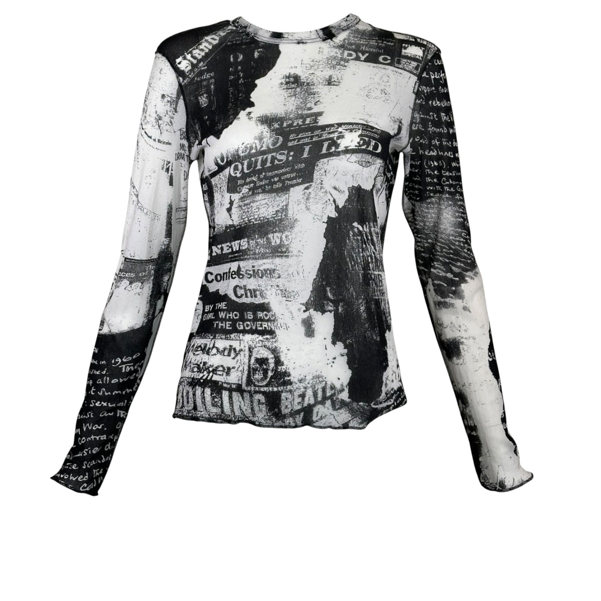 Vintage Just Cavalli Y2K newspaper print mesh top, sheer long sleeve, front view