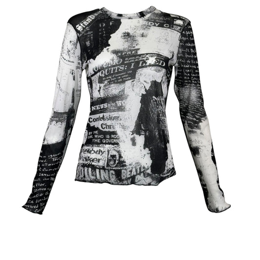 Vintage Just Cavalli Y2K newspaper print mesh top, sheer long sleeve, front view