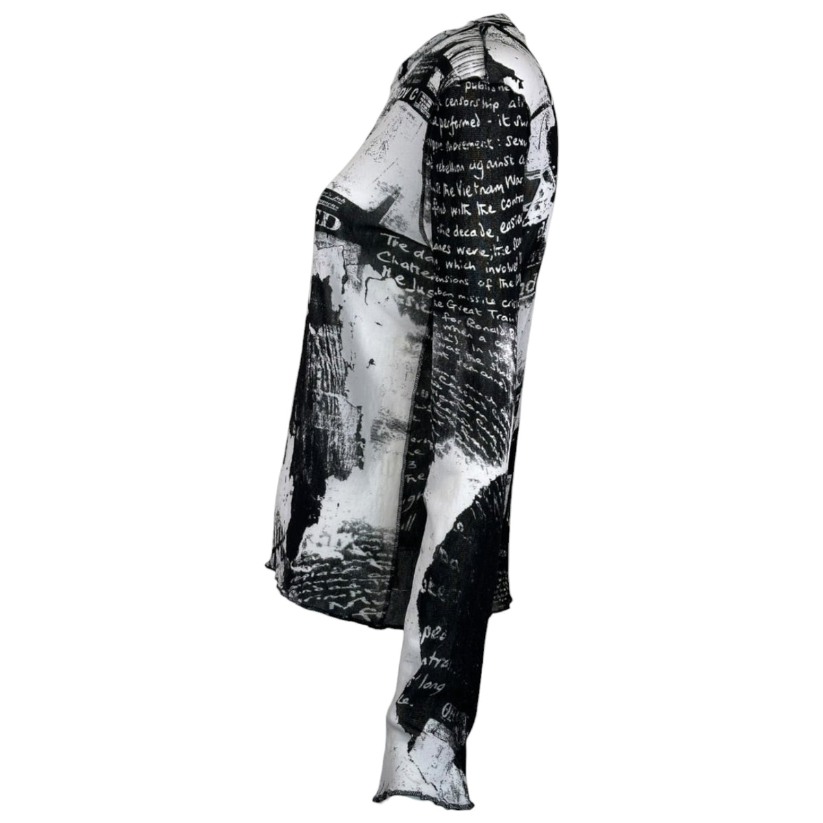 Vintage Just Cavalli Y2K newspaper print mesh top, three-quarter view