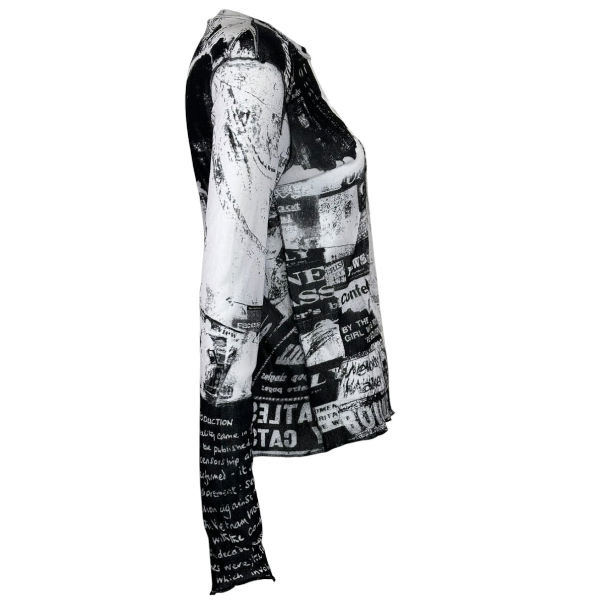 Vintage Just Cavalli Y2K newspaper print mesh top, mesh texture close-up