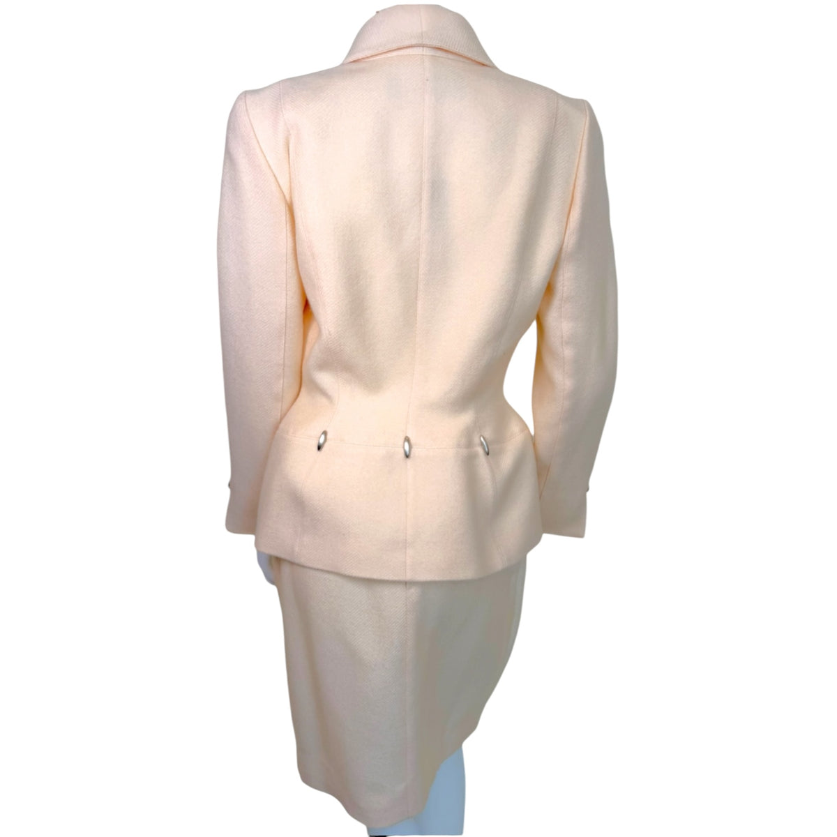 Vintage 1990s Thierry Mugler ivory twill skirt suit, button detail close-up