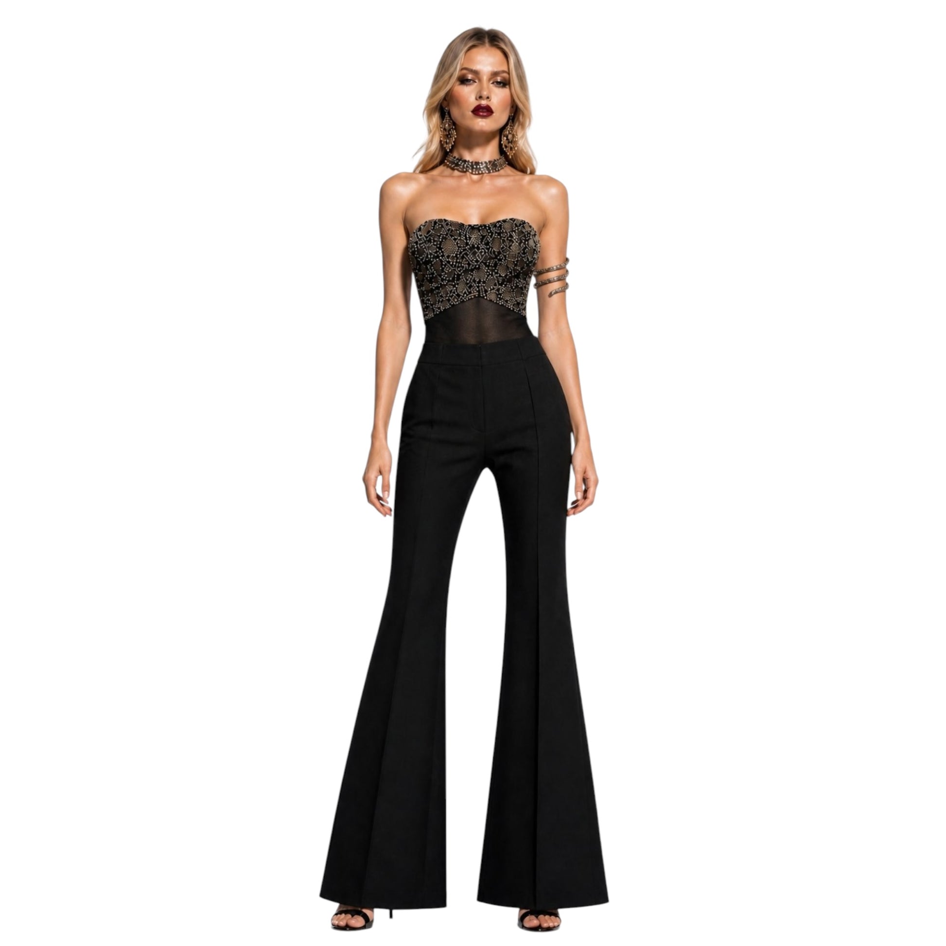 Model wearing Roberto Cavalli Crystal Beaded Strapless Mesh Bodysuit NWT | IT 40 / Small Front View