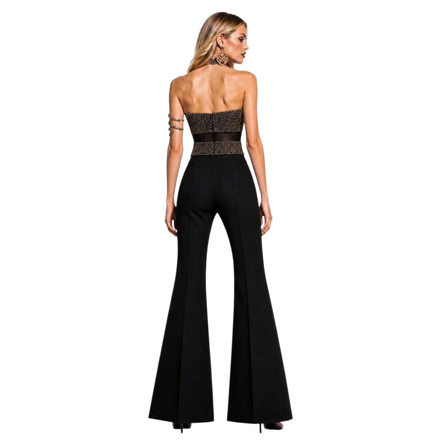Model wearing Roberto Cavalli Crystal Beaded Strapless Mesh Bodysuit NWT | IT 40 / Small Back View