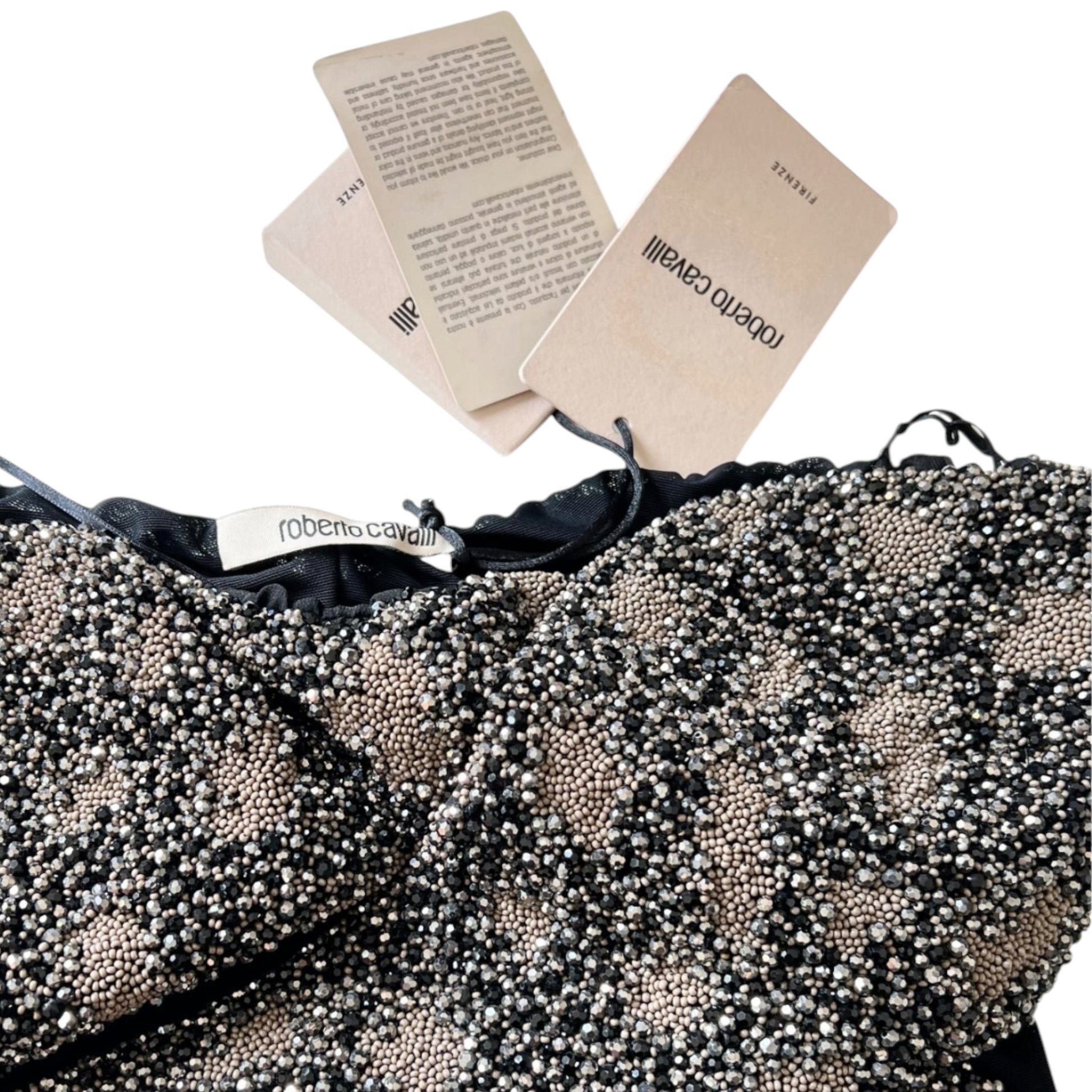 Roberto Cavalli Crystal Beaded Strapless Mesh Bodysuit NWT Tag View