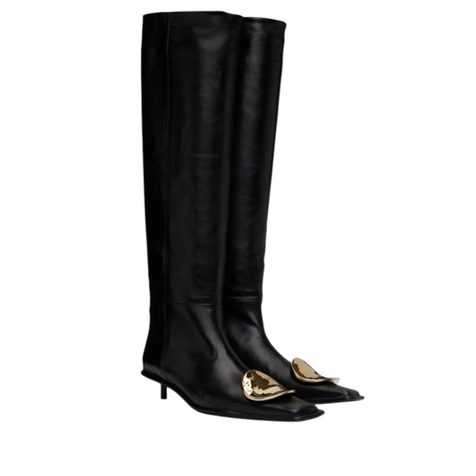 Jil Sander Savanna Black Leather Over-the-Knee Boots | Gold Sculptural Toe | IT 39