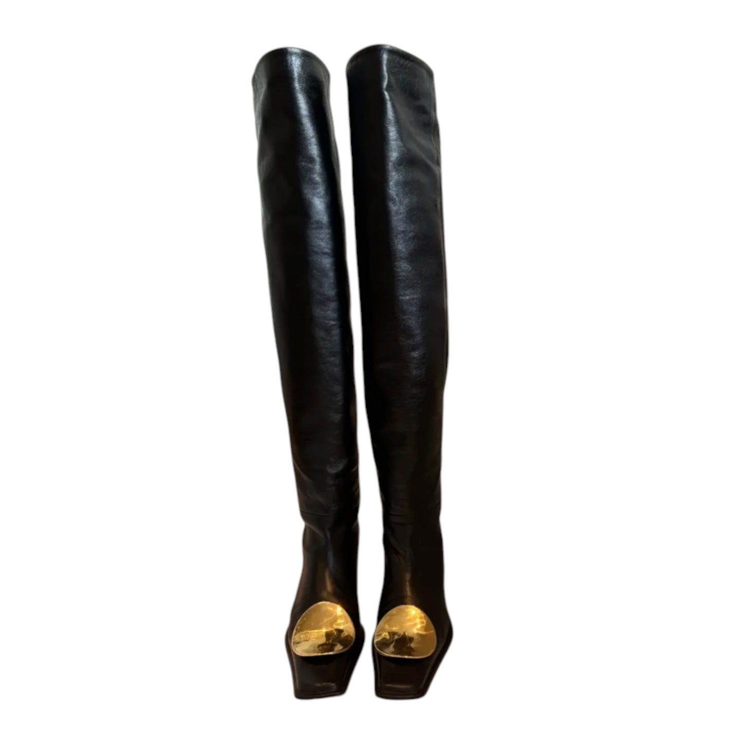 Jil Sander Savanna Black Leather Over-the-Knee Boots | Gold Sculptural Toe | IT 39