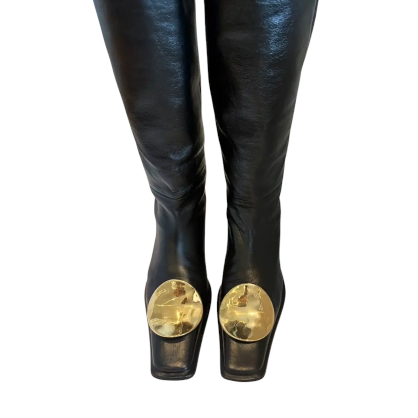 Jil Sander Savanna Black Leather Over-the-Knee Boots | Gold Sculptural Toe | IT 39