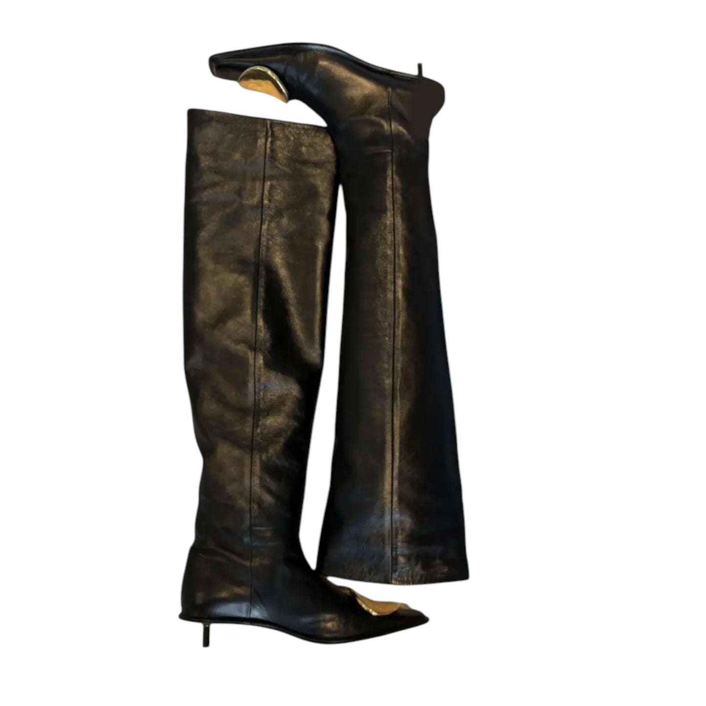 Jil Sander Savanna Black Leather Over-the-Knee Boots | Gold Sculptural Toe | IT 39